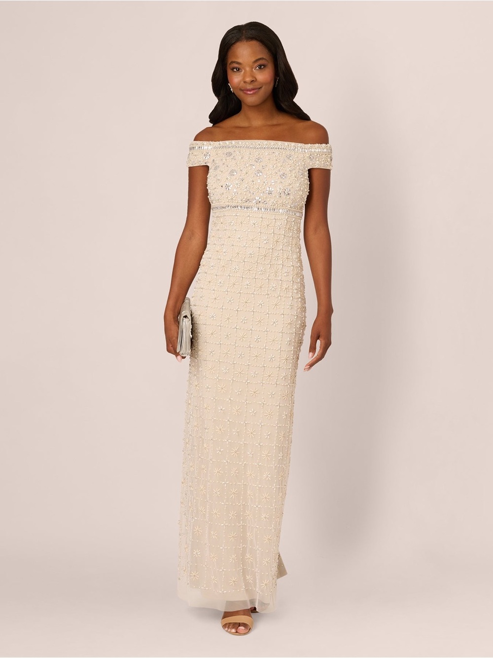 Adrianna Papell SZ 2 NWT Ivory Pearl Beaded Off Shoulder Column Gown GALA Formal
